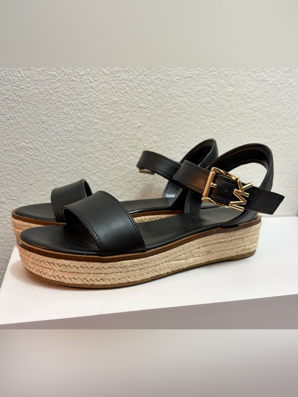 Michael Kors Black Leather Espadrille Wedge Sandals with Gold Logo